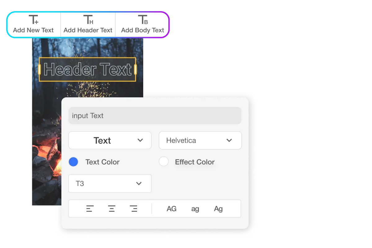 Mobile video editing app's text-based editing feature with options to add new text, header text, and body text, displayed alongside font and color customization tools.